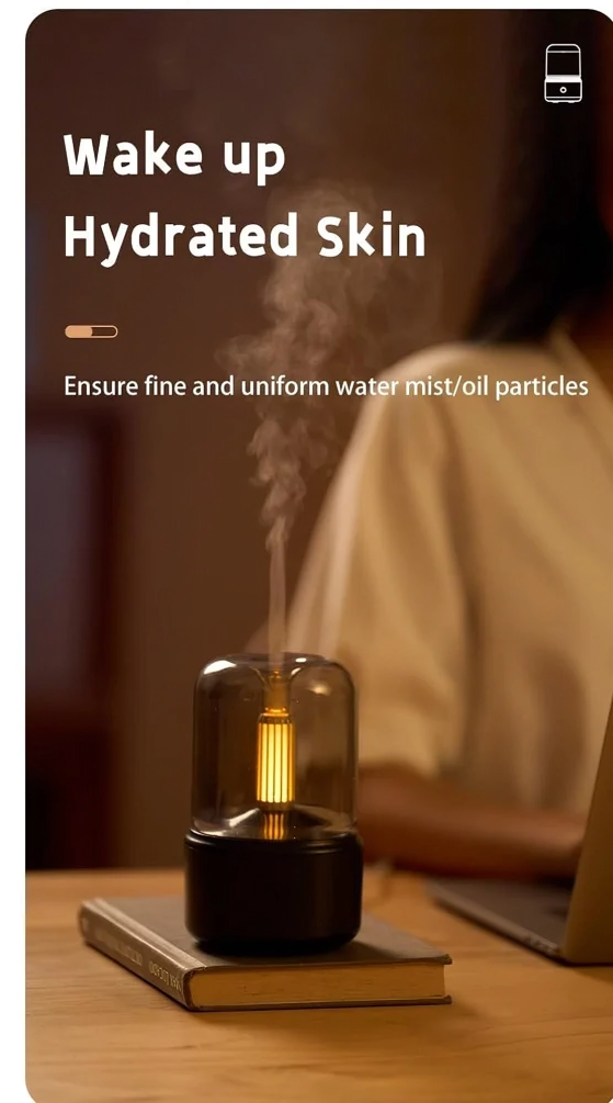 CandleGlow Candlelight Humidifier & Aroma Diffuser – LED Flame Effect, Ultrasonic Cool Mist, Quiet Air Moisturizer for Home & Bedroom