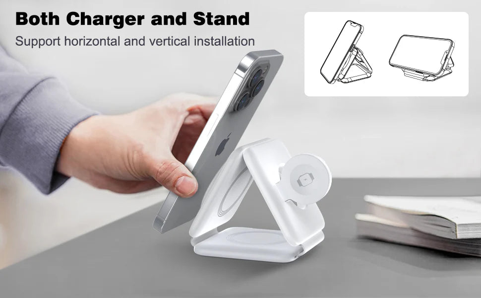 TriCharge Dock 3-in-1 Magnetic Wireless Charger – 15W Fast Charging Station for iPhone, Apple Watch & AirPods (Foldable Dock)