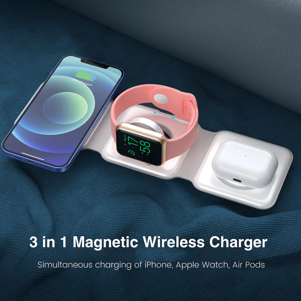 TriCharge Dock 3-in-1 Magnetic Wireless Charger – 15W Fast Charging Station for iPhone, Apple Watch & AirPods (Foldable Dock)