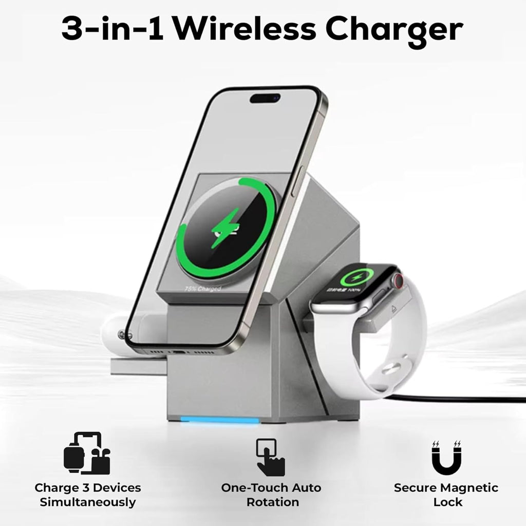 VoltAxis 3-in-1 Magnetic Wireless Charging Station for iPhone, Apple Watch & AirPods – Fast MagSafe Charging Dock