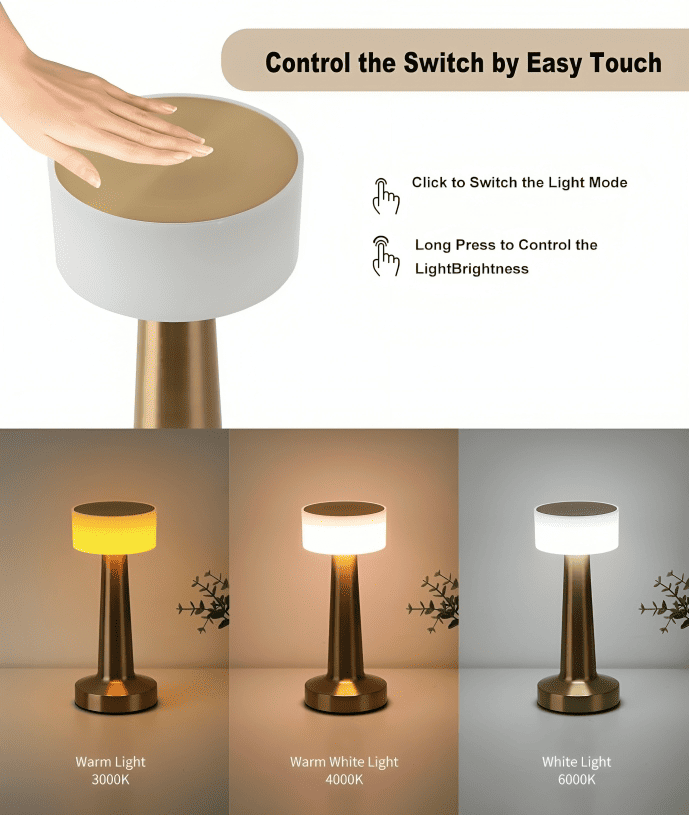 Amberra™ Cordless Rechargeable LED Table Lamp – Modern Brushed Touch Dimmable Bedside & Ambient Light