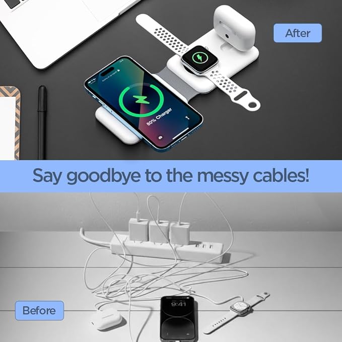 TriCharge Dock 3-in-1 Magnetic Wireless Charger – 15W Fast Charging Station for iPhone, Apple Watch & AirPods (Foldable Dock)