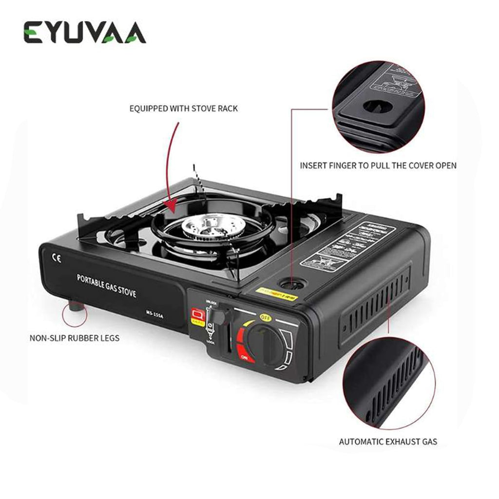 FlameGo™ + Portable Butane Gas Stove – Compact Camping Stove with Auto Ignition & Safety Lock