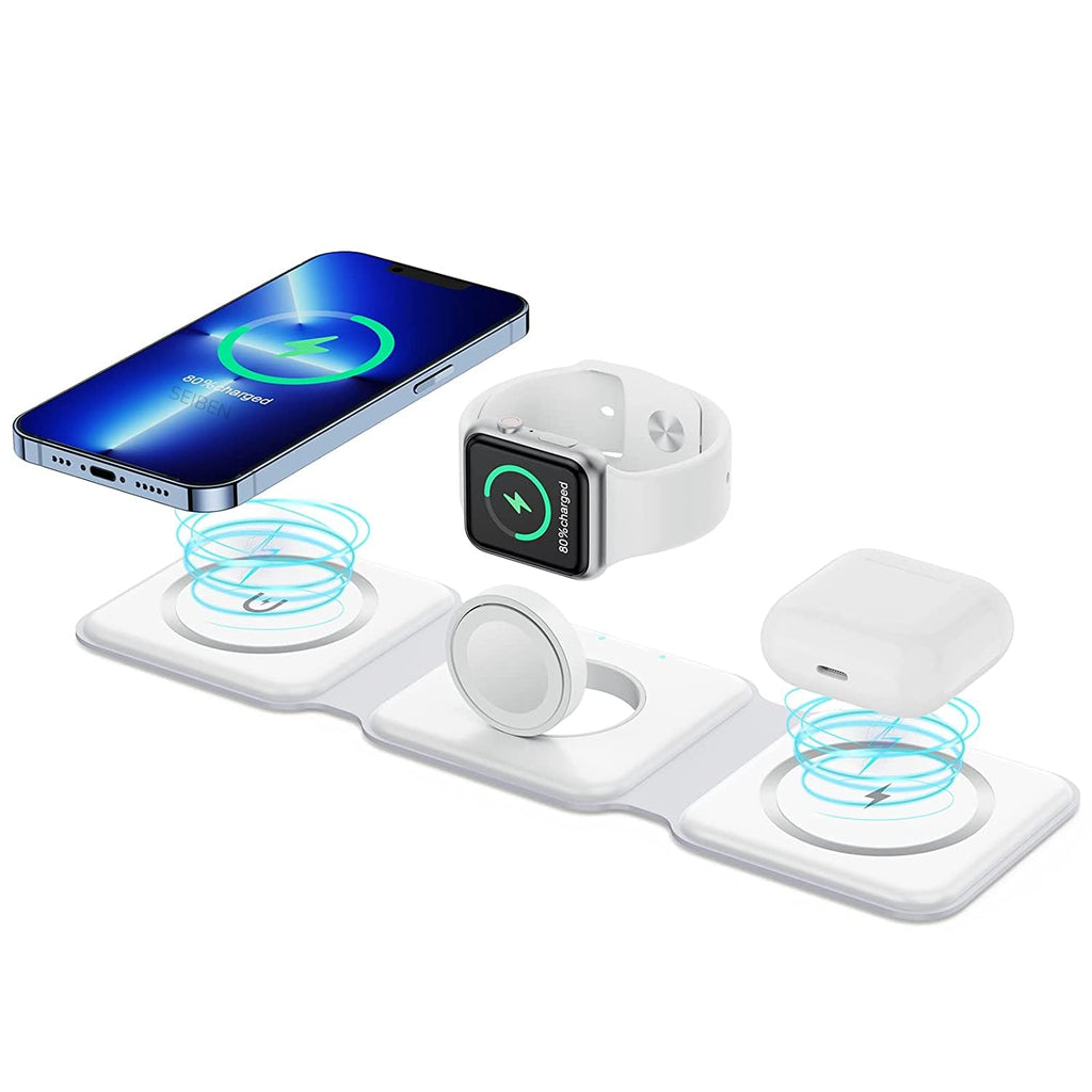 TriCharge Dock 3-in-1 Magnetic Wireless Charger – 15W Fast Charging Station for iPhone, Apple Watch & AirPods (Foldable Dock)