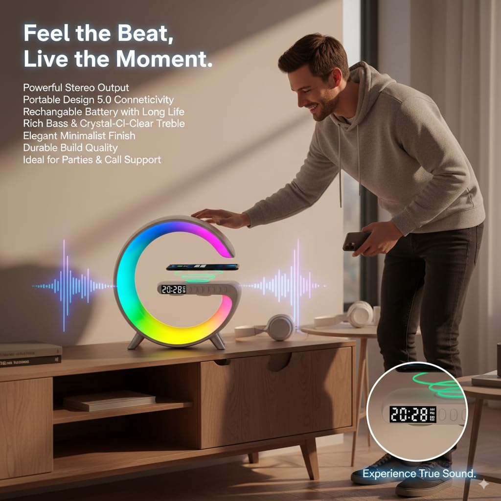 SphereGlow RGB Bluetooth Speaker with Wireless Charger & LED Clock – Bedside Lamp, Fast Charging, Stereo Sound & Ambient Light