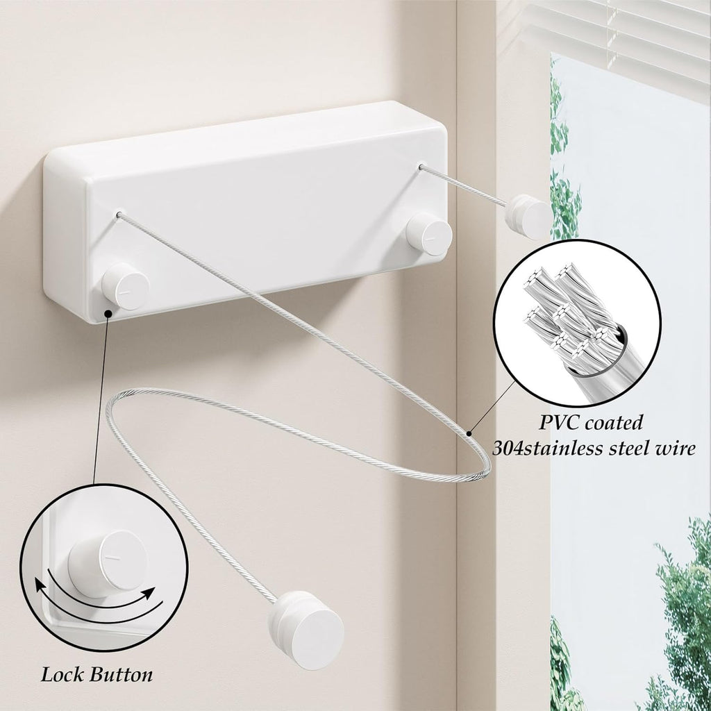 FlexLine Retractable Indoor Clothesline – Wall-Mounted Stainless Steel Drying Line with Lock Button