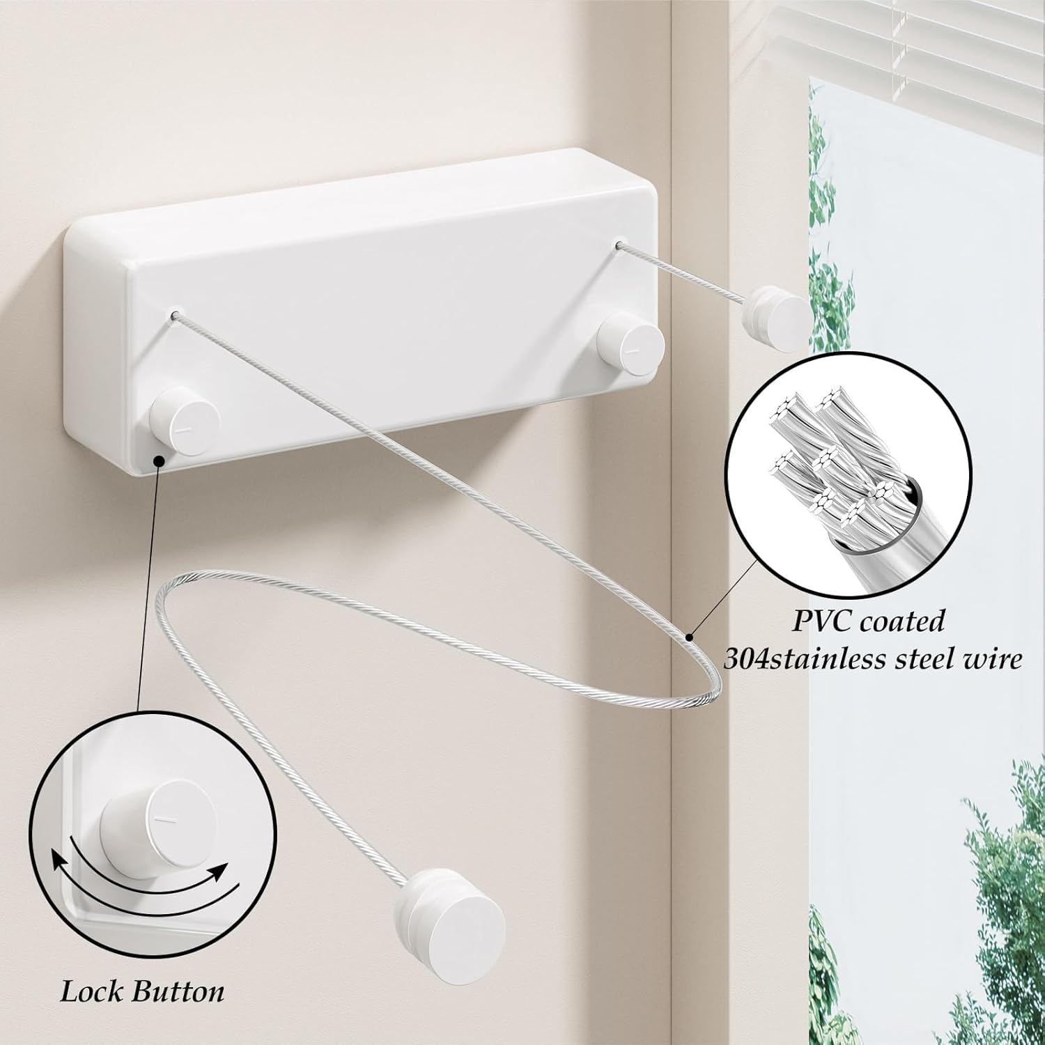 FlexLine Retractable Indoor Clothesline – Wall-Mounted Stainless Steel Drying Line with Lock Button