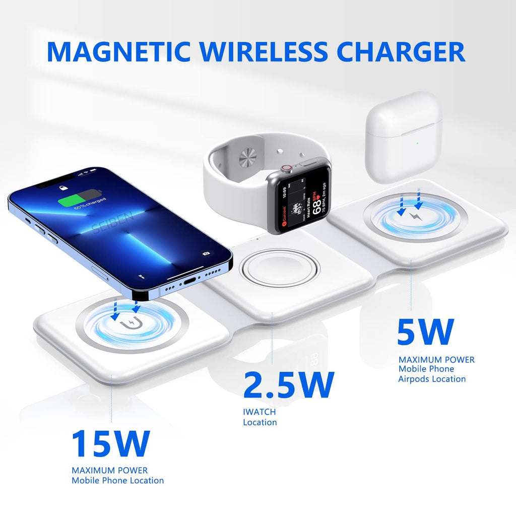 TriCharge Dock 3-in-1 Magnetic Wireless Charger – 15W Fast Charging Station for iPhone, Apple Watch & AirPods (Foldable Dock)