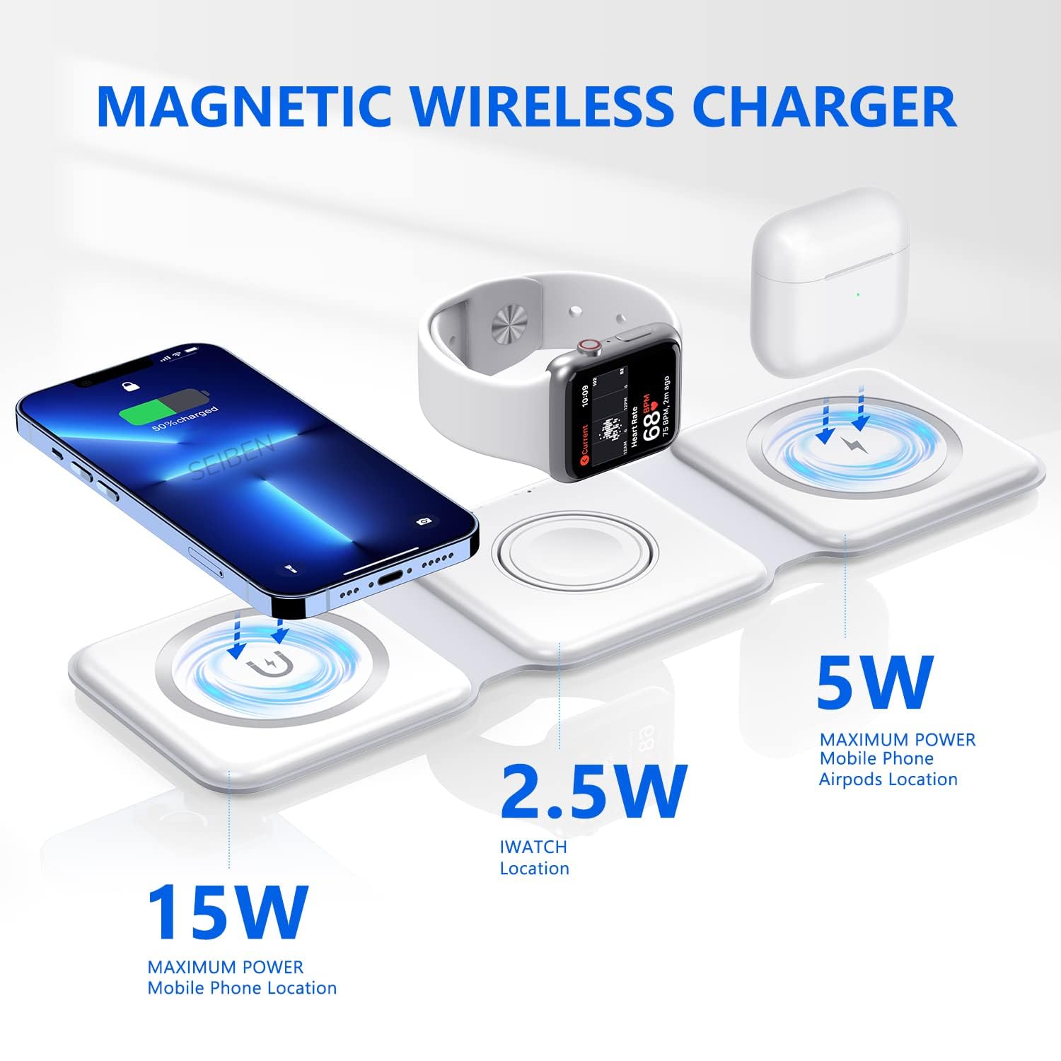 TriCharge Dock 3-in-1 Magnetic Wireless Charger – 15W Fast Charging Station for iPhone, Apple Watch & AirPods (Foldable Dock)