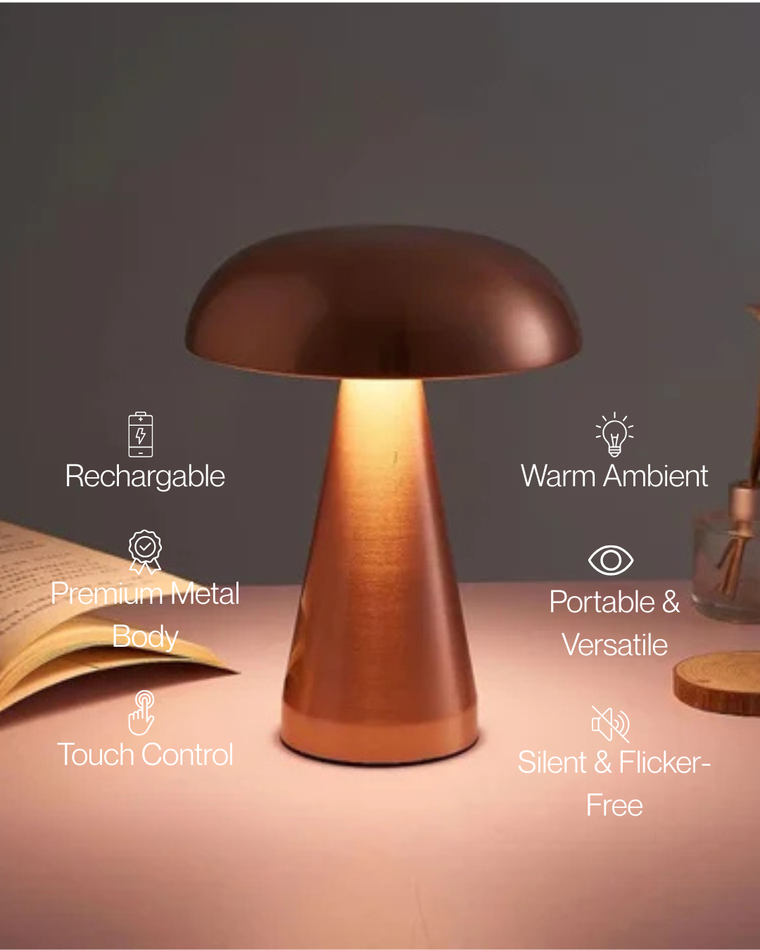HushLight™ Luxury Gold Mushroom LED Table Lamp – Rechargeable Ambient Bedside Light