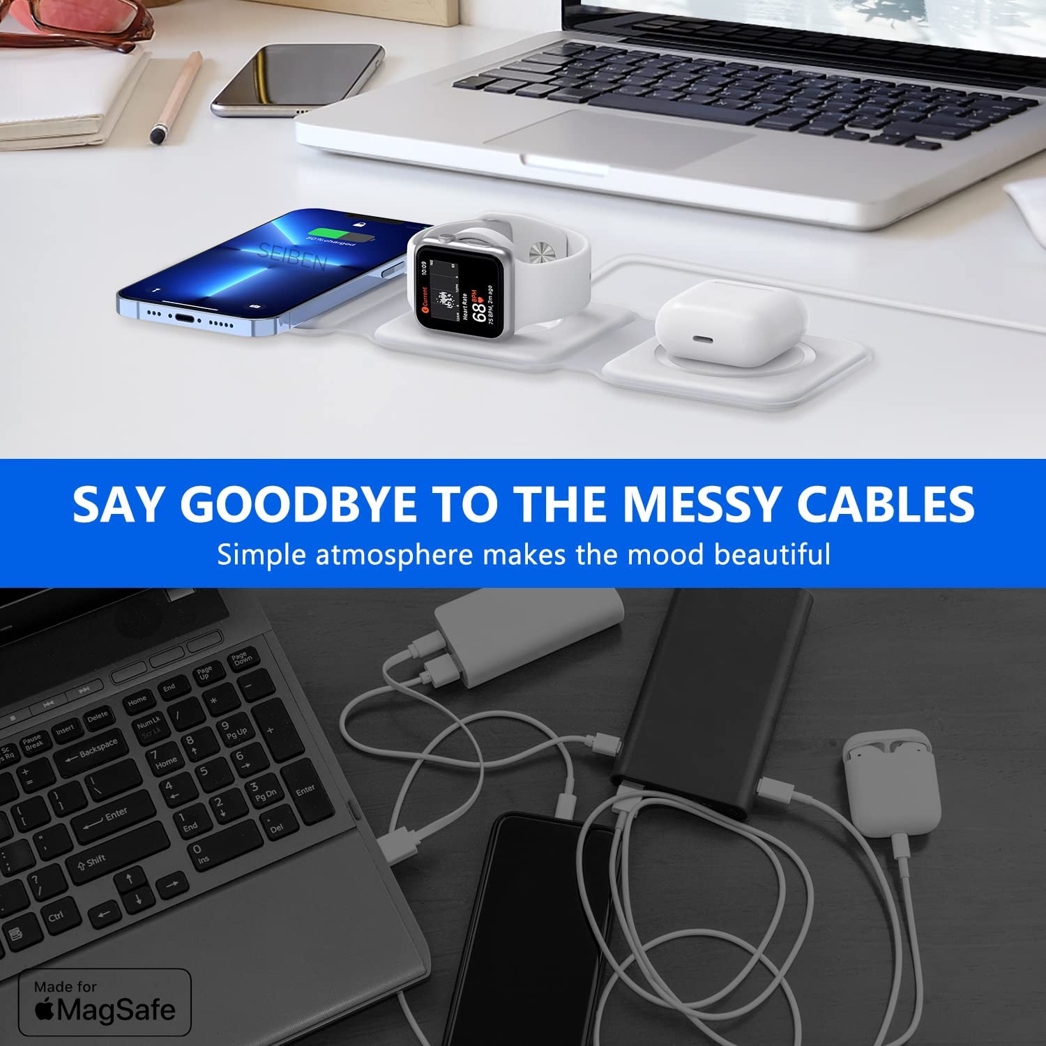 TriCharge Dock 3-in-1 Magnetic Wireless Charger – 15W Fast Charging Station for iPhone, Apple Watch & AirPods (Foldable Dock)