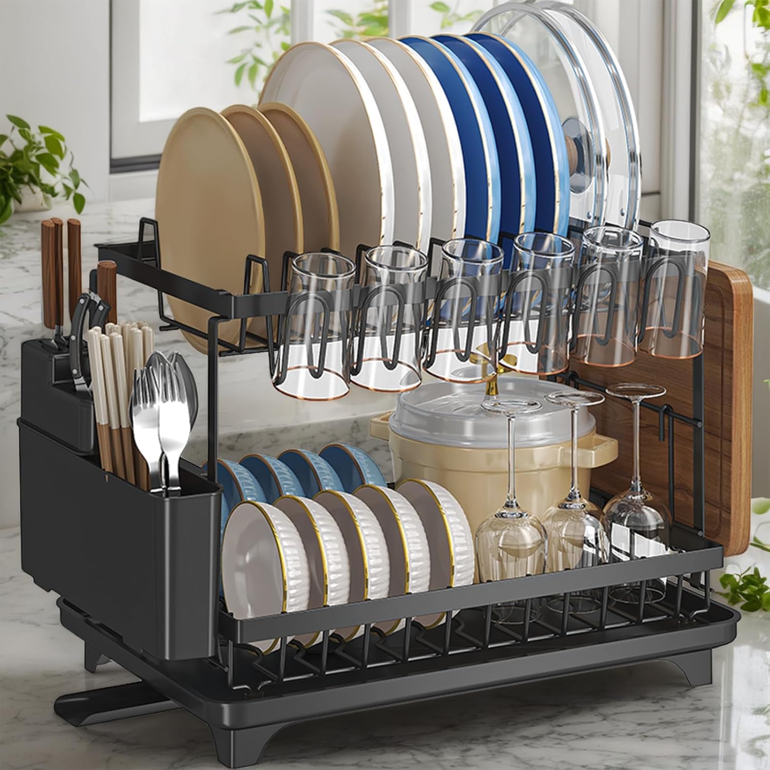 DryPure Pro 2-Tier Dish Drying Rack with Utensil Holder & Cup Organizer – Large Capacity Kitchen Dish Drainer with Drainboard