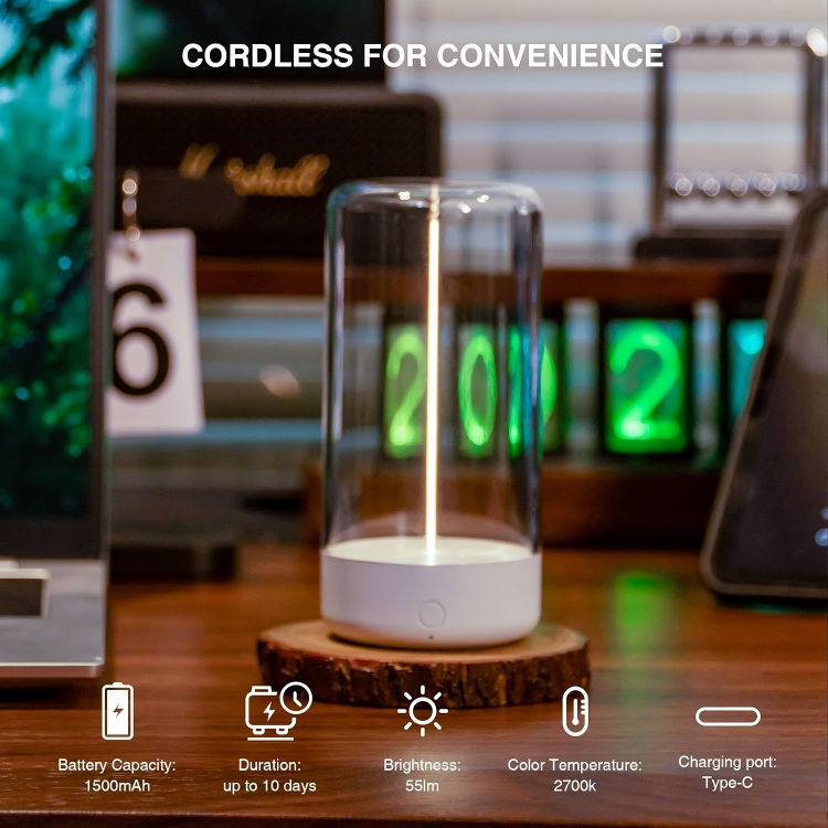 FilamentLite™  Cordless Glass LED Table Lamp – Rechargeable Ambient Light with Warm Glow