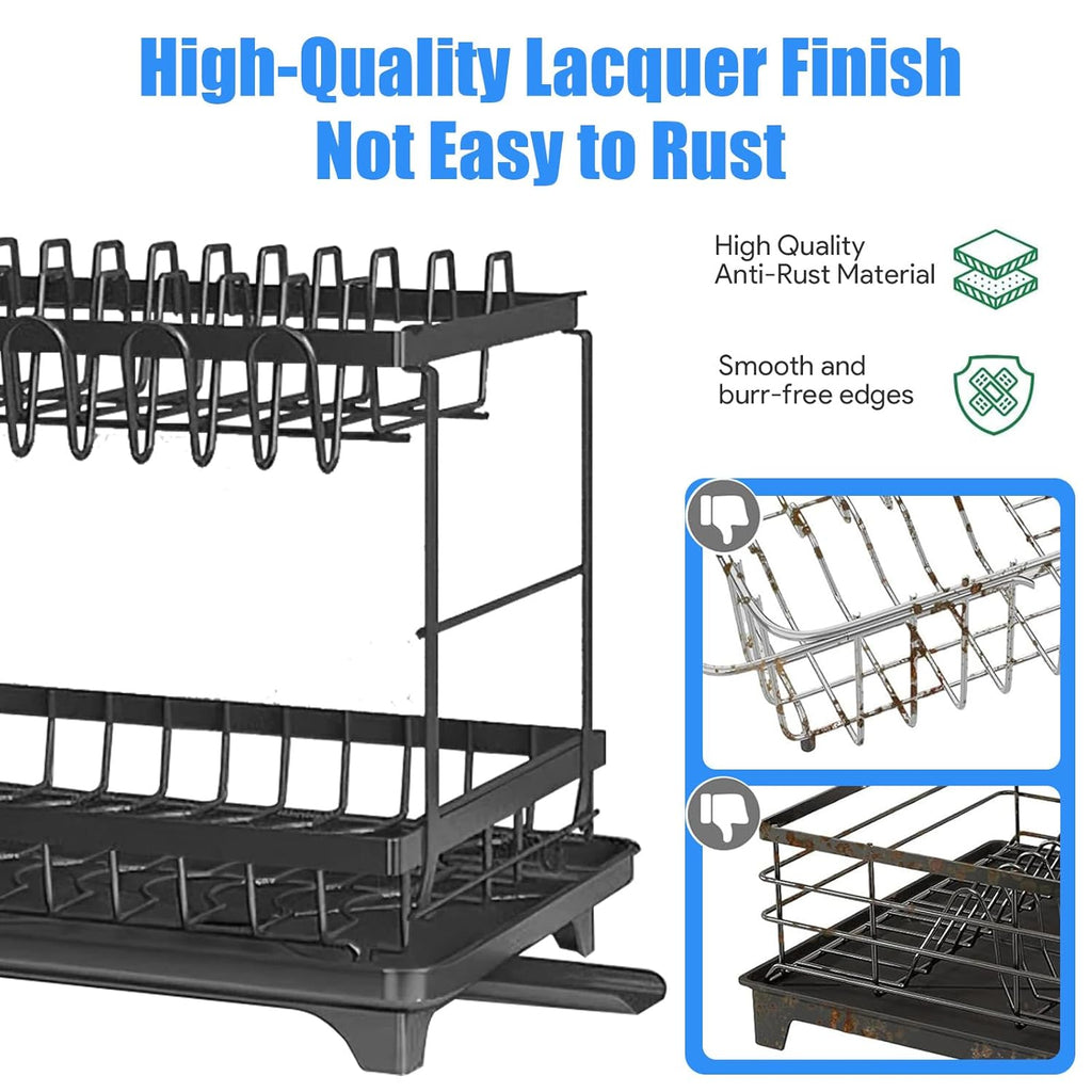 DryPure Pro 2-Tier Dish Drying Rack with Utensil Holder & Cup Organizer – Large Capacity Kitchen Dish Drainer with Drainboard