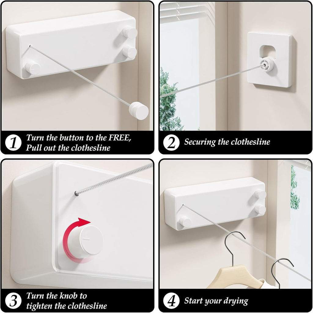 FlexLine Retractable Indoor Clothesline – Wall-Mounted Stainless Steel Drying Line with Lock Button