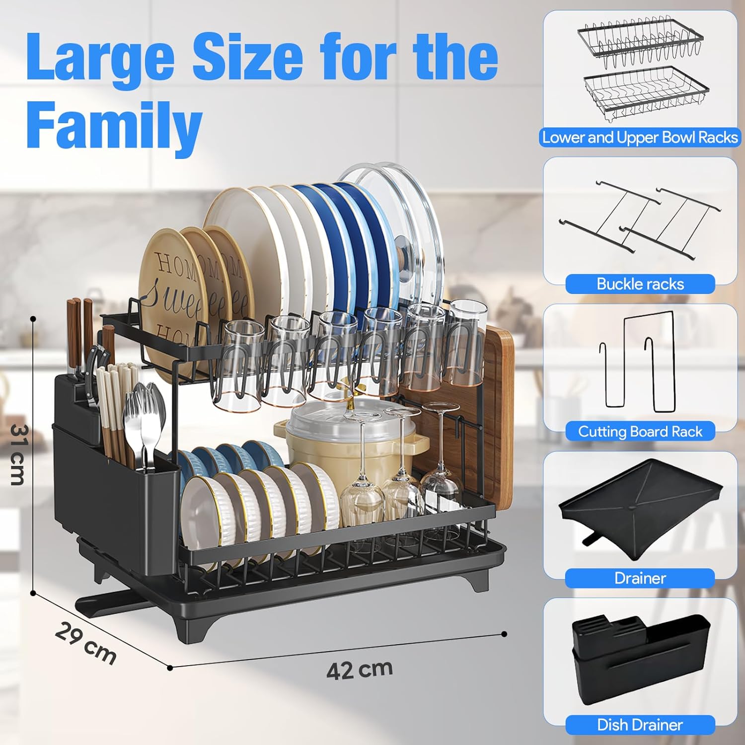 DryPure Pro 2-Tier Dish Drying Rack with Utensil Holder & Cup Organizer – Large Capacity Kitchen Dish Drainer with Drainboard