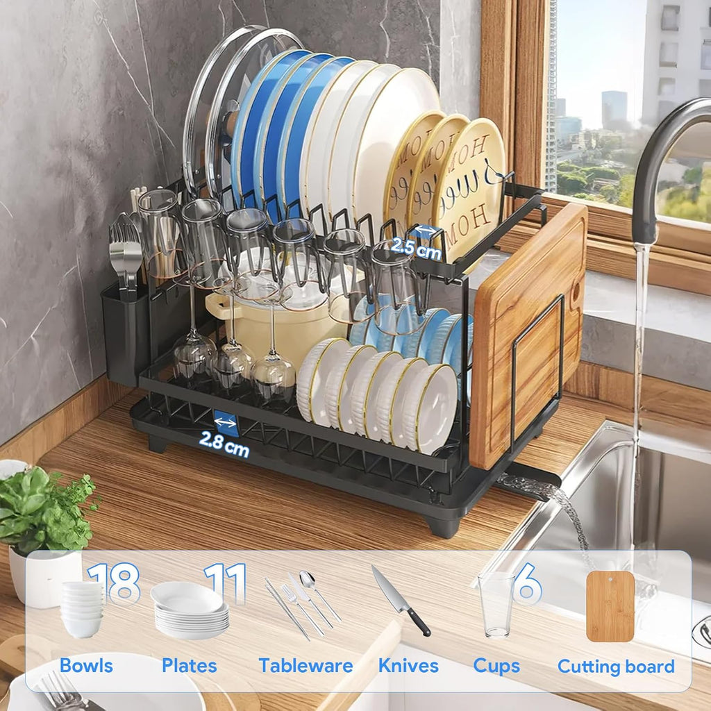DryPure Pro 2-Tier Dish Drying Rack with Utensil Holder & Cup Organizer – Large Capacity Kitchen Dish Drainer with Drainboard