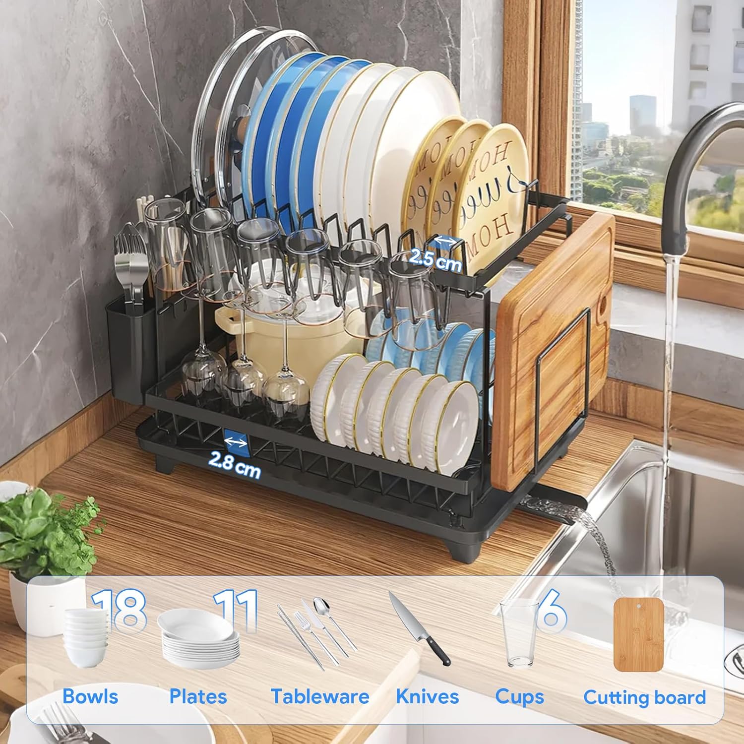 DryPure Pro 2-Tier Dish Drying Rack with Utensil Holder & Cup Organizer – Large Capacity Kitchen Dish Drainer with Drainboard