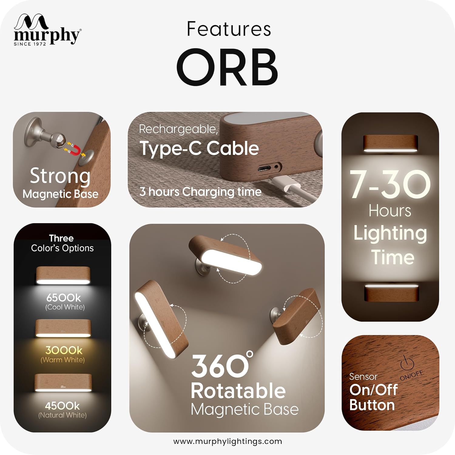 HaloWood™ Magnetic Rotatable LED Wall Lamp – Rechargeable Wooden Night Light with Stepless Dimming