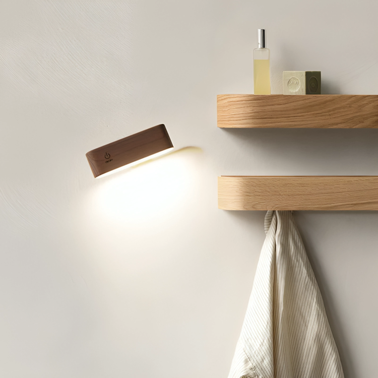 HaloWood™ Magnetic Rotatable LED Wall Lamp – Rechargeable Wooden Night Light with Stepless Dimming
