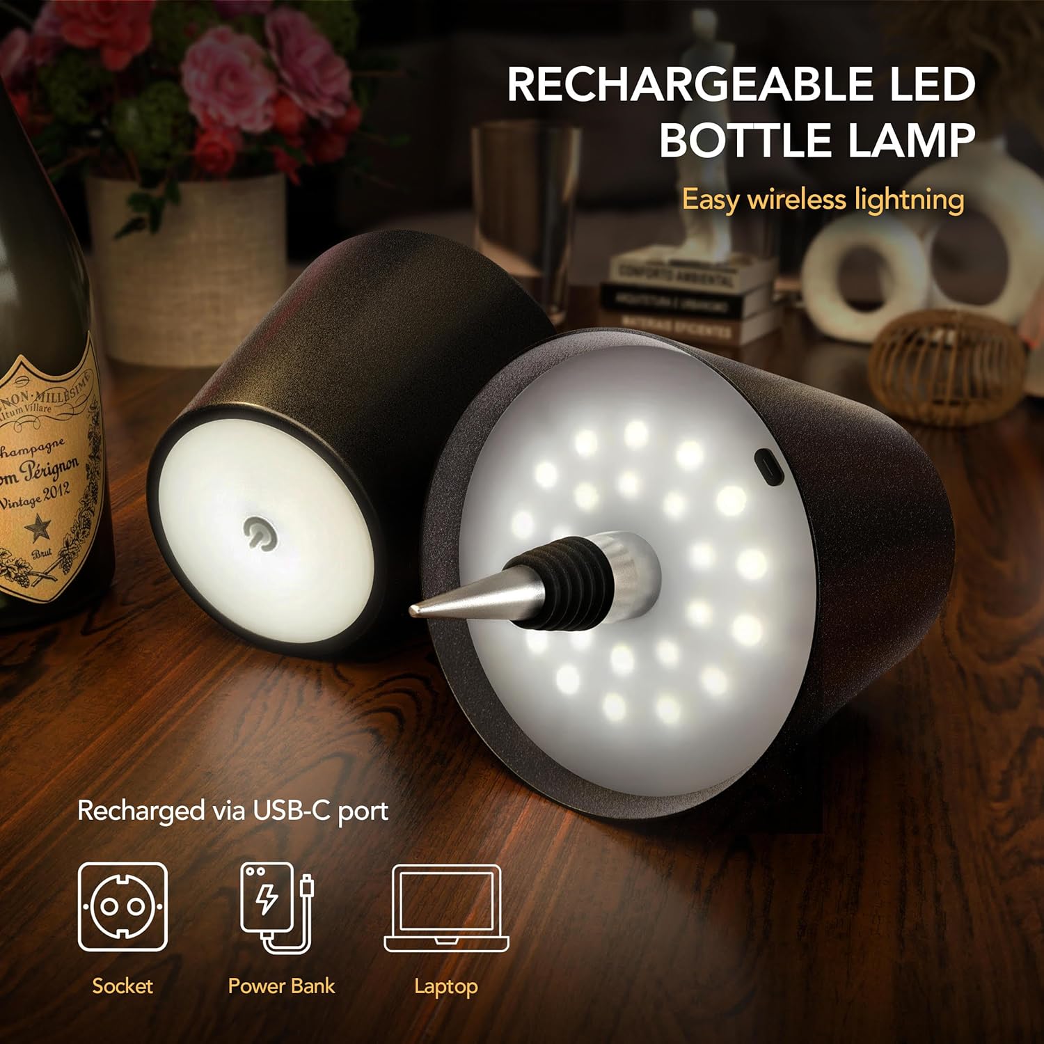 AfterDark Rechargeable LED bottle lamp with USB-C port.