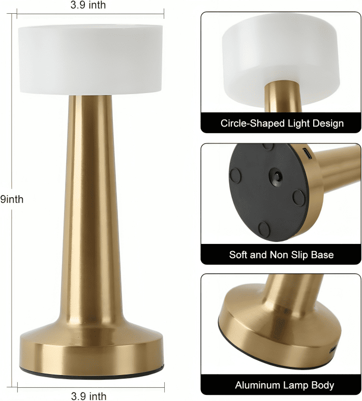 Amberra Lamp with gold base and white shade, showing dimensions and design features.