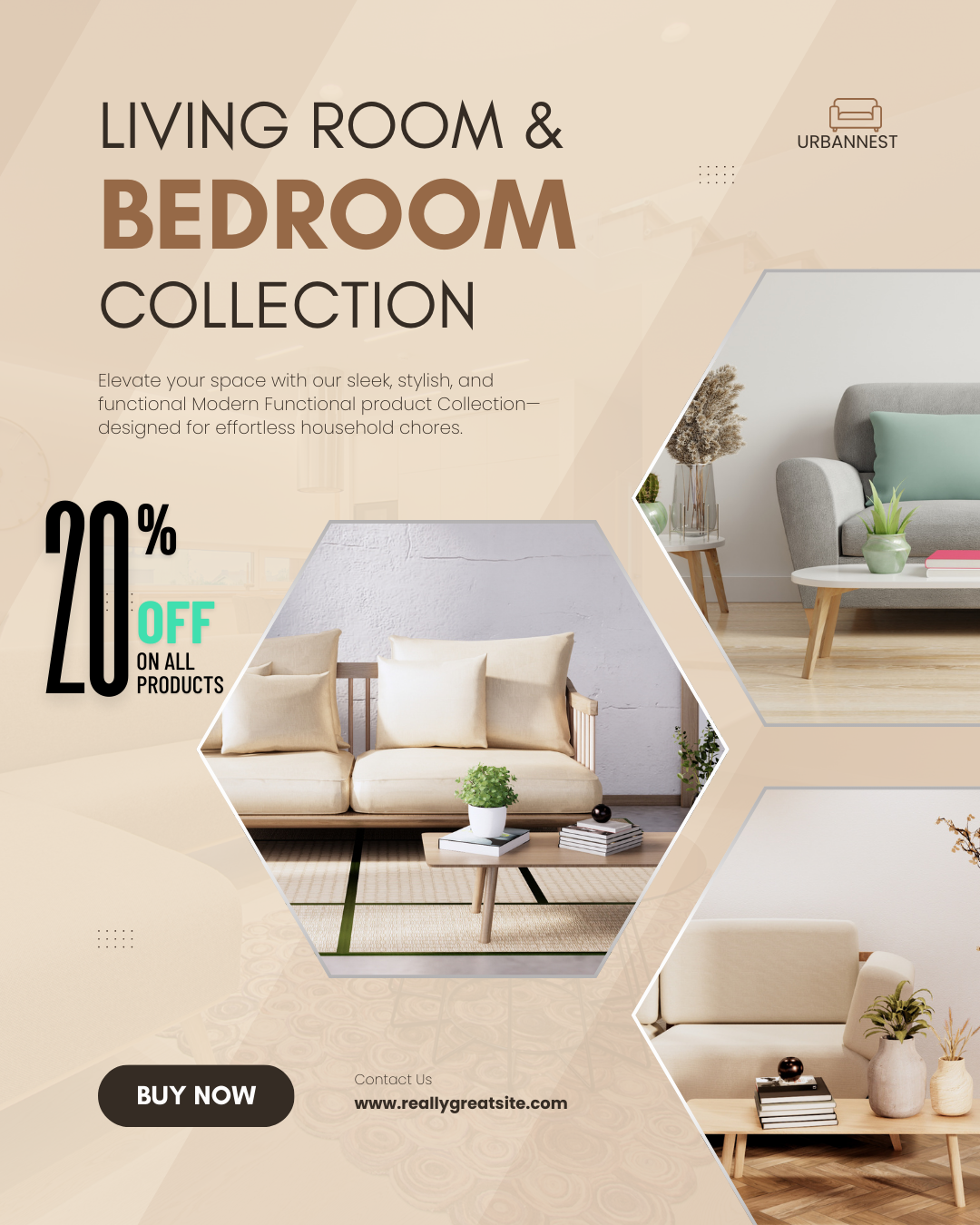Advertisement for living room and bedroom collection with furniture images and promotional text.