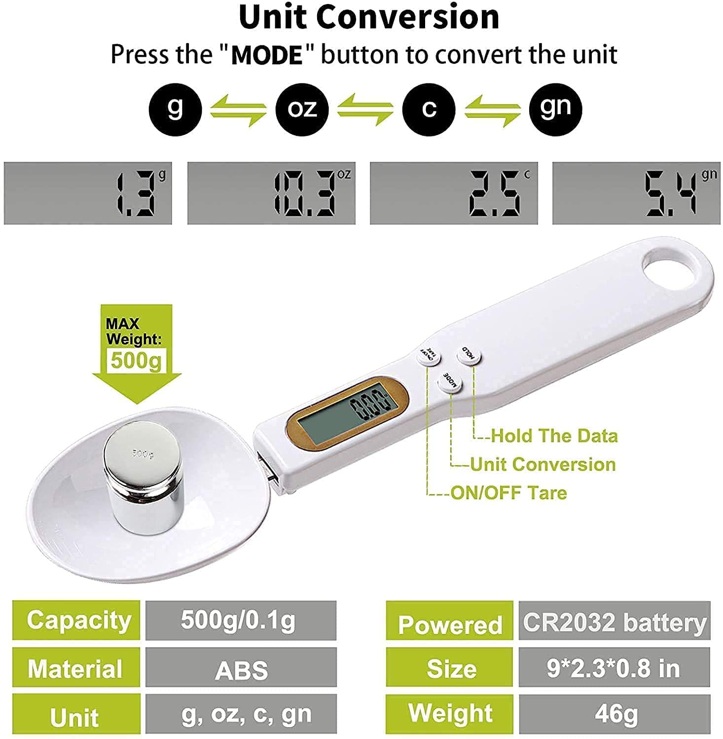 Digital kitchen scale with unit conversion features and specifications displayed.
