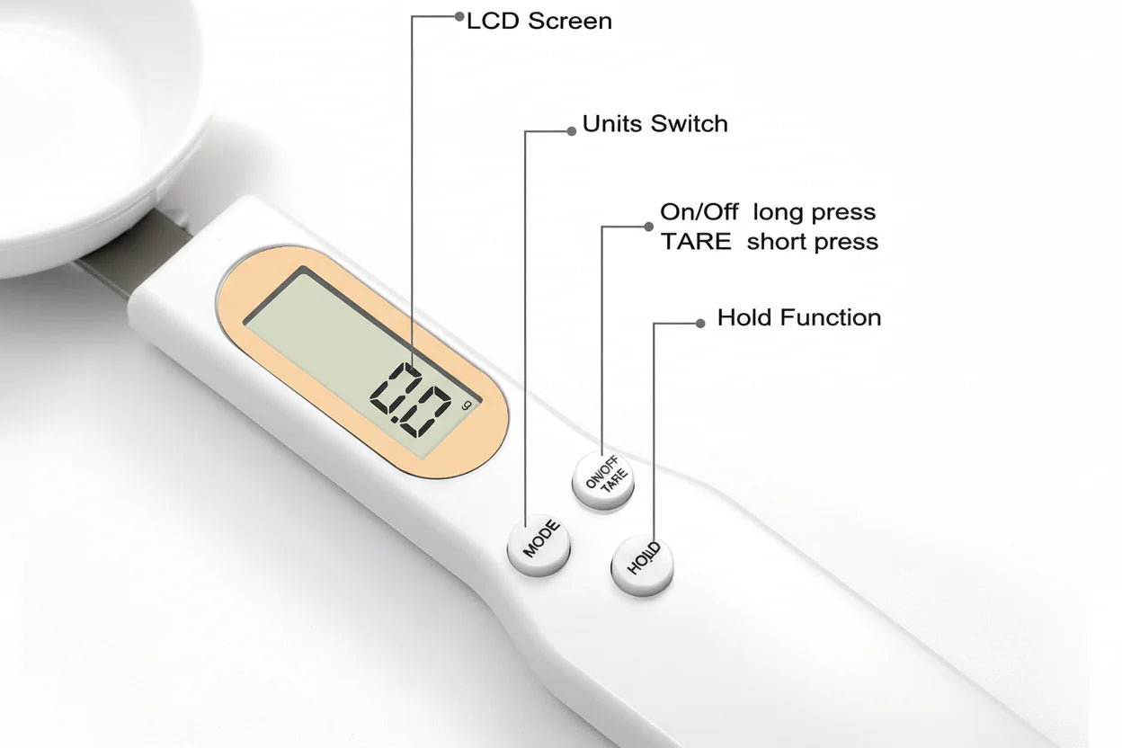 demonstration of button functions of the DigitSpoon digital spoon scale