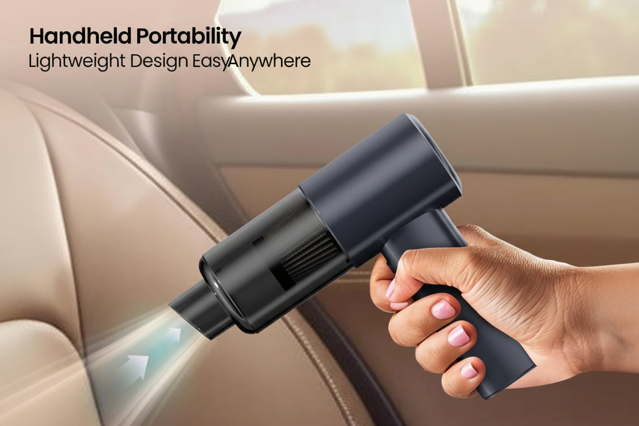 Rechargeable EasyVac 3 in 1 Handheld vacuum cleaner being used inside a car with text highlighting portability and ease of use.