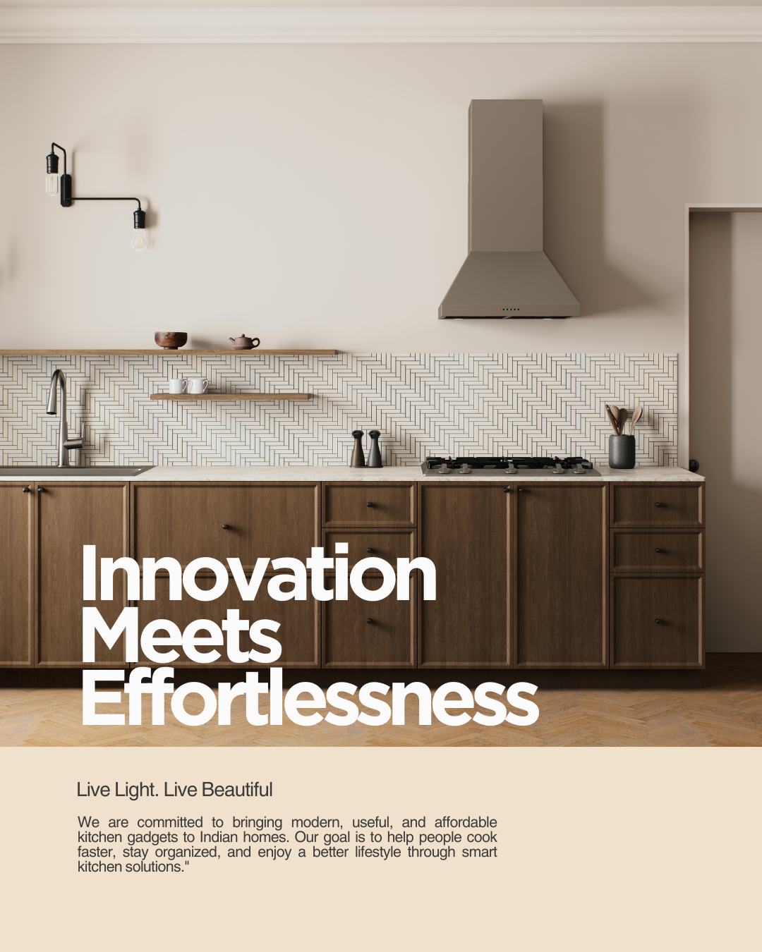 Modern kitchen with wooden cabinets and a tiled backsplash, featuring text about innovation and effortlessness.