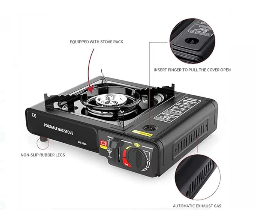 FlameGo™ + Portable Butane Gas Stove – Compact Camping Stove with Auto Ignition & Safety Lock