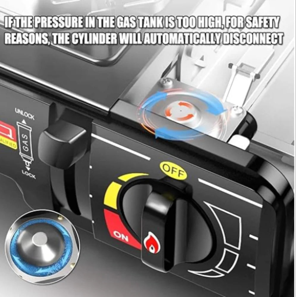 FlameGo™ + Portable Butane Gas Stove – Compact Camping Stove with Auto Ignition & Safety Lock