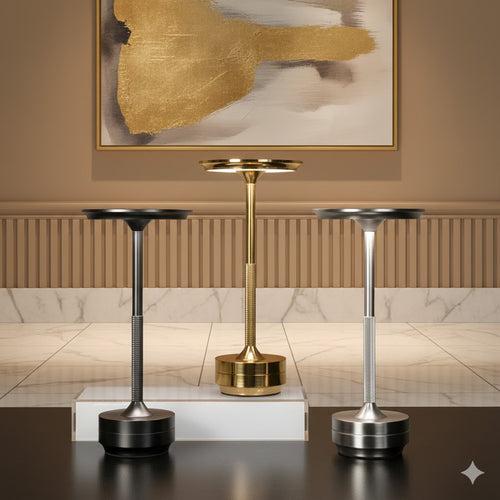 Three TouchNova modern table lamps with black, gold, and silver finishes in a stylish interior setting.